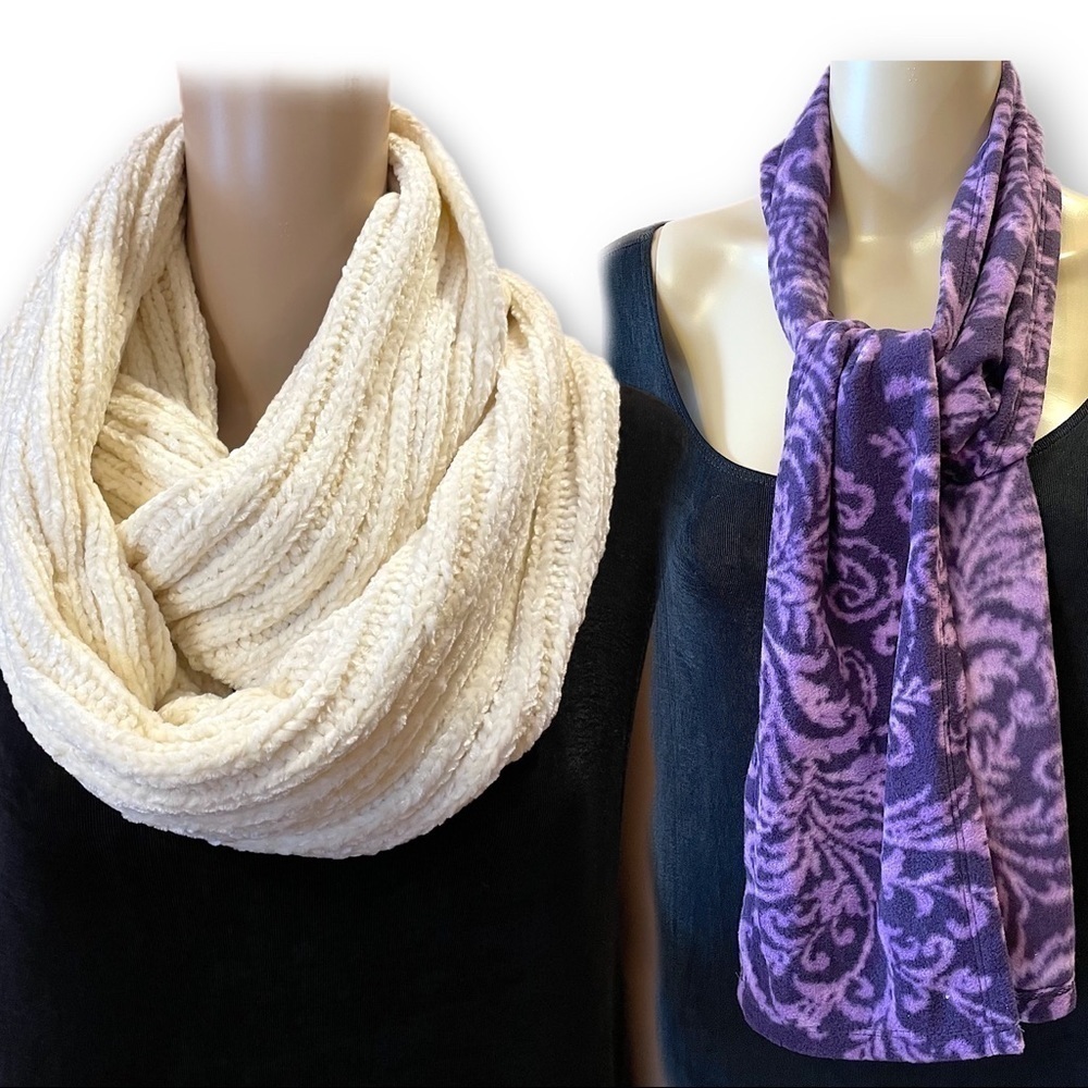 Duo of 2 winter scarves chenille and fleece